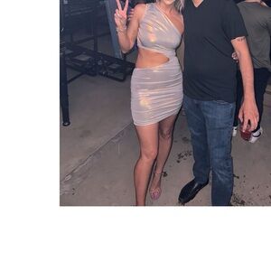 Oh Polly Maye One Shoulder Metallic Jersey Mini Dress in Light Gold